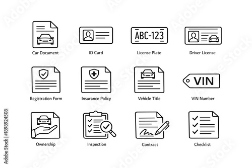 Car document icons set: license, id, registration, vin, insurance, contract, checklist