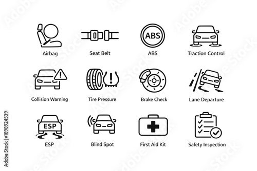 Car safety features: airbag, seat belt, abs, traction control, first aid kit icons