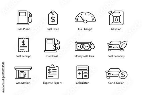Fuel and economy icons set: gas pump, price tag, gauge, can, dollar, car