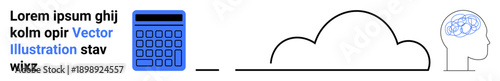 Calculator links to cloud icon and brain outline, symbolizing computation, cloud tech, and cognitive processes. Ideal for data analysis, tech, innovation, education, cloud computing AI simple