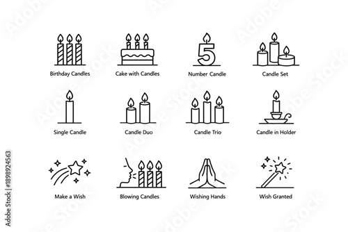 Simple candle line icons: birthday, cake, wishing, and celebration symbols