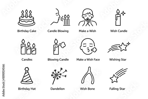 Vector icons: birthday cake, candle blowing, make a wish, wish bone, falling star