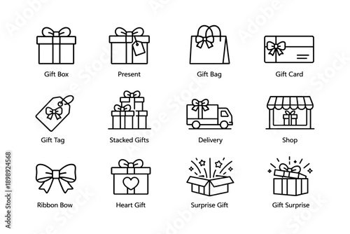 Gift icons collection featuring gift boxes, bags, cards, tags, and delivery themes