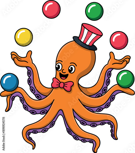 A cheerful cartoon octopus wearing a top hat and bow tie, juggling colorful balls.