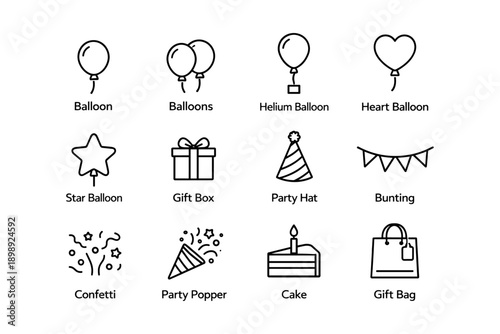Celebration icons: balloons, gifts, party hat, bunting, confetti, cake