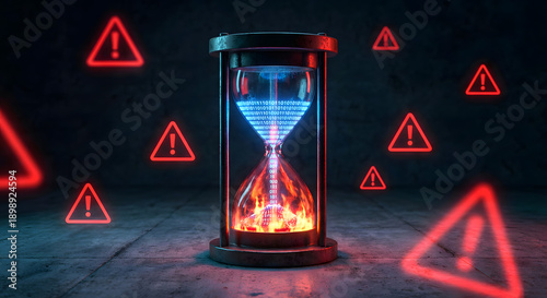 cybersecurity time pressure concept with glowing hourglass filled with digital binary code and fire surrounded by red warning alert icons representing data breach and system crisis