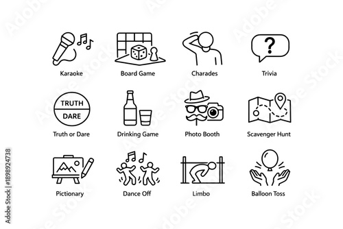 Party games icons set: karaoke, trivia, dance off, limbo, scavenger hunt