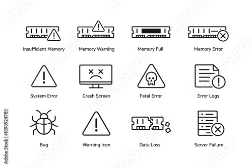 Computer error icon set: memory, system, and warning symbols