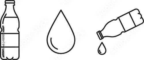 Set of simple line icons representing water bottle and water drop for liquid concepts
