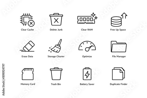 Set of mobile app icons for clear cache, delete junk, and optimize storage
