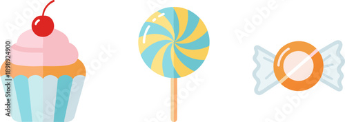 Sweet treats collection: cupcake, lollipop, and wrapped candy in flat design style