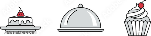 Simple line art icons of a slice of cake, a cloche, and a cupcake with cherry
