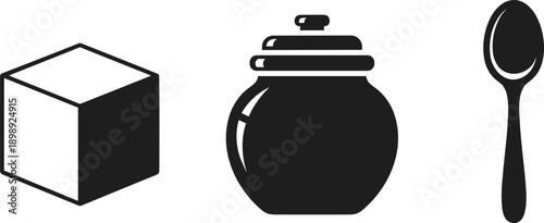Simple icons of a sugar cube, a jar, and a spoon arranged horizontally on a white background