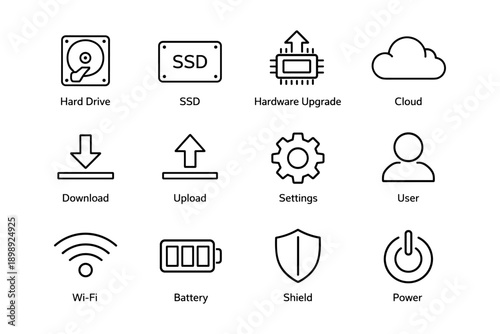 Tech icons collection: hard drive, ssd, cloud, and more