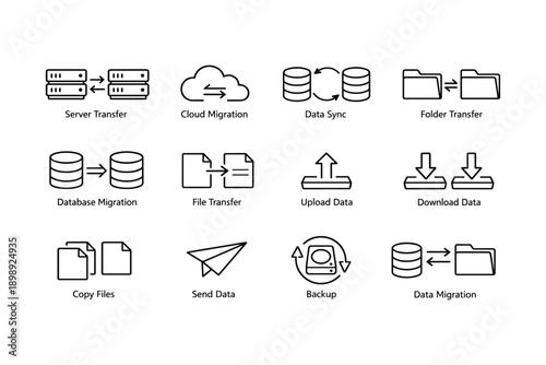 Data transfer icons: server, cloud, database migration and backup processes