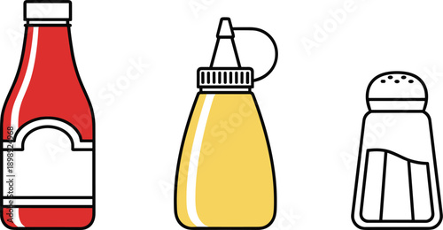 Ketchup, mustard, and salt shaker icons on a white background, simple flat design