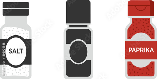 Three spice jars, salt, paprika, and an unlabeled container, isolated on white background