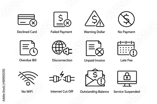 Financial alerts and connectivity issues icons set in black and white