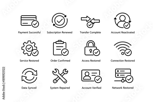 Payment and account status icons: successful transactions and restorations