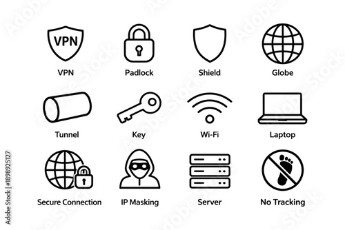 Vpn security icons: protection, privacy, encryption, online safety, anonymity
