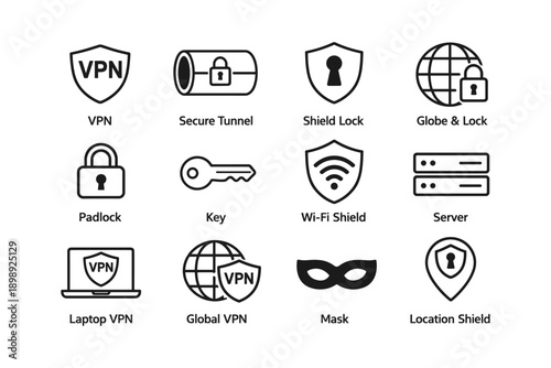 Vpn and security icon set featuring shields, locks, and keys