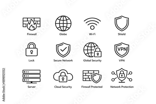Cybersecurity icons: shield, firewall, lock, globe, vpn for network protection