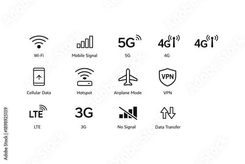 Mobile connectivity icons: wi-fi, 5g, lte, vpn, and signal strength symbols
