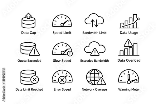 Data usage icons: caps, limits, speeds, and warnings
