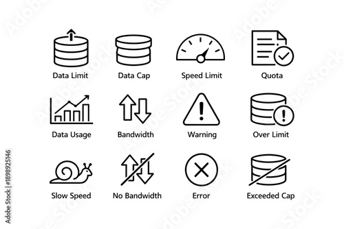 Data management icons: speed, usage, quota, warnings, bandwidth indicators