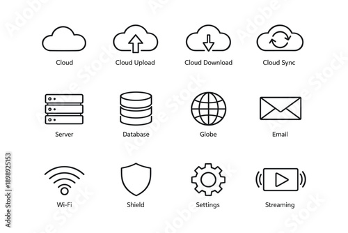 Cloud and technology icons for data management and connectivity