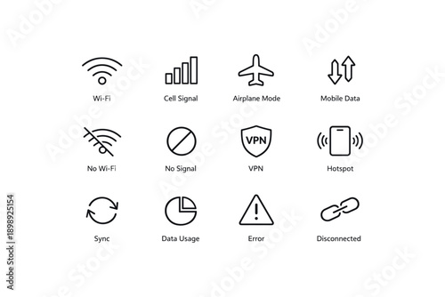 Wi-fi, signal, airplane mode, mobile data, icon set for connectivity