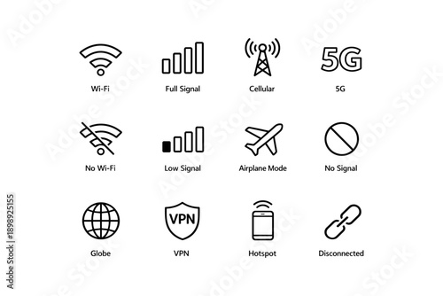 Wireless connectivity and signal icons: wi-fi, cellular, airplane mode, vpn