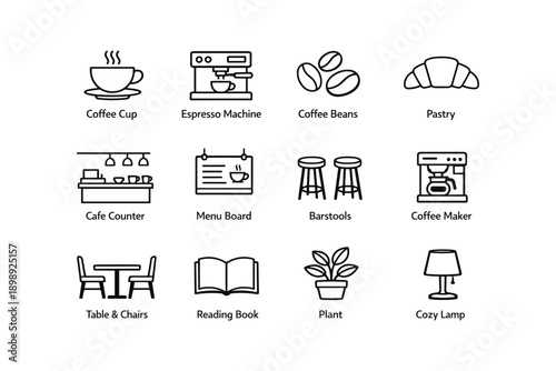Cafe essentials icons: coffee cup, espresso machine, coffee beans, pastry, cafe counter, more
