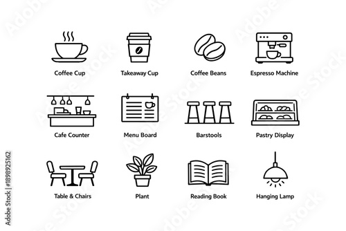 Cafe icon set with coffee cup, espresso machine, pastry display, and more