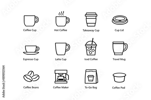 Coffee icon set: cups, beans, maker, hot and iced drinks