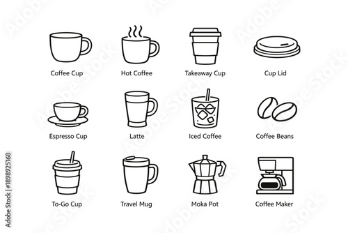 Coffee icons set: cups, lids, beans, moka pot, espresso, iced drinks, maker