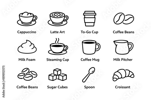 Coffee icons set: cups, beans, milk foam, sugar, spoon, croissant
