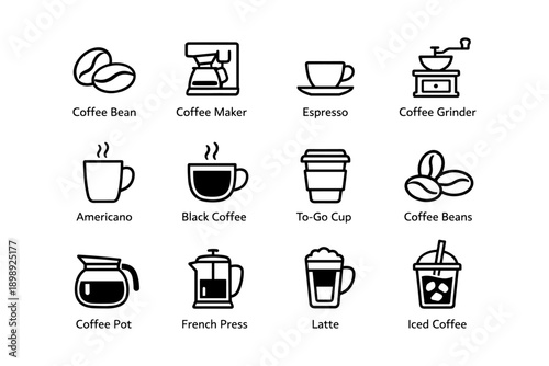 Coffee icons collection: espresso, americano, latte, grinder, beans, french press, to-go cup