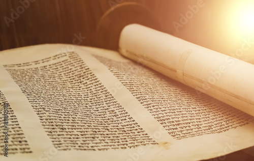Hebrew religious handwritten Torah parchment scroll, close up