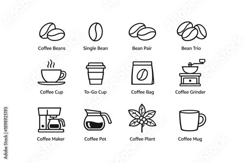 Coffee icons: beans, cups, grinder and more for brewing enthusiasts