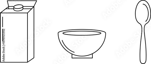 Simple line art illustration of a milk carton, bowl, and spoon on a white background