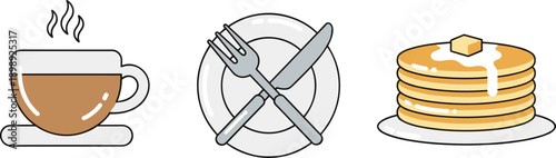 Simple flat icons for breakfast: coffee cup, cutlery on plate, and pancakes