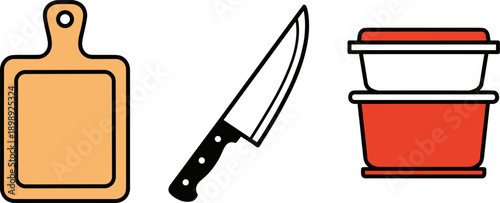 Kitchen essentials: cutting board, chef's knife, and food storage containers for meal prep