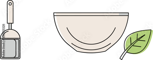 Simple illustration of a kitchen scoop, a bowl, and a green leaf on a white background