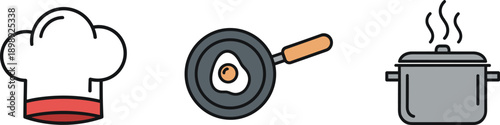 Simple icons representing chef hat, fried egg in pan, and steaming pot for cooking