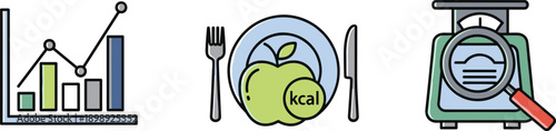 Dietary analysis icons: graph, apple with kcal, and scale with magnifying glass