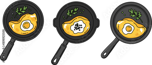 Three different styles of fried eggs cooking in black frying pans with garnish