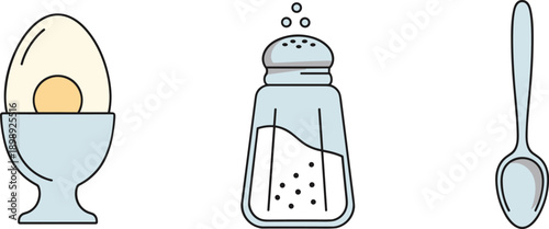 Simple flat design icons of a soft-boiled egg, salt shaker, and spoon on a white background