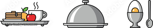 Collection of breakfast icons including pancakes, coffee, covered dish, and boiled egg