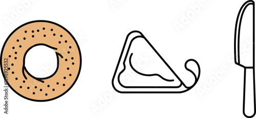 Simple line art illustration of a bagel with cream cheese and a knife